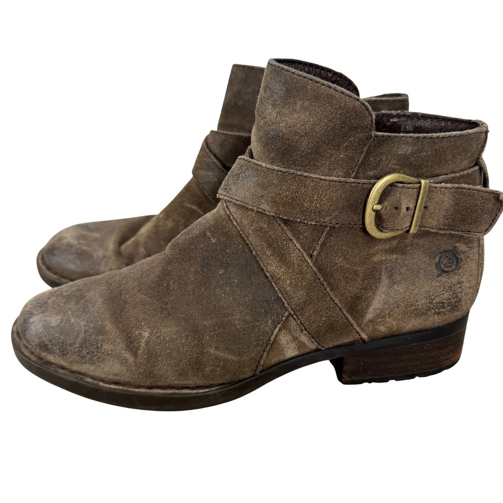 Born Womens Brown Suede Leather Buckle Distressed Ankle Boots Size 8.5 M Earthy